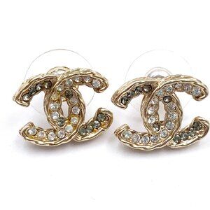 Chanel Gold Twisted CC Silver Grey Crystal Piercing Earrings